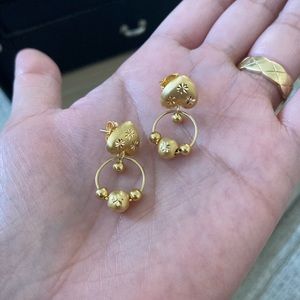 SOLD: 18K Dangling Hoop Heart Stud Earrings
